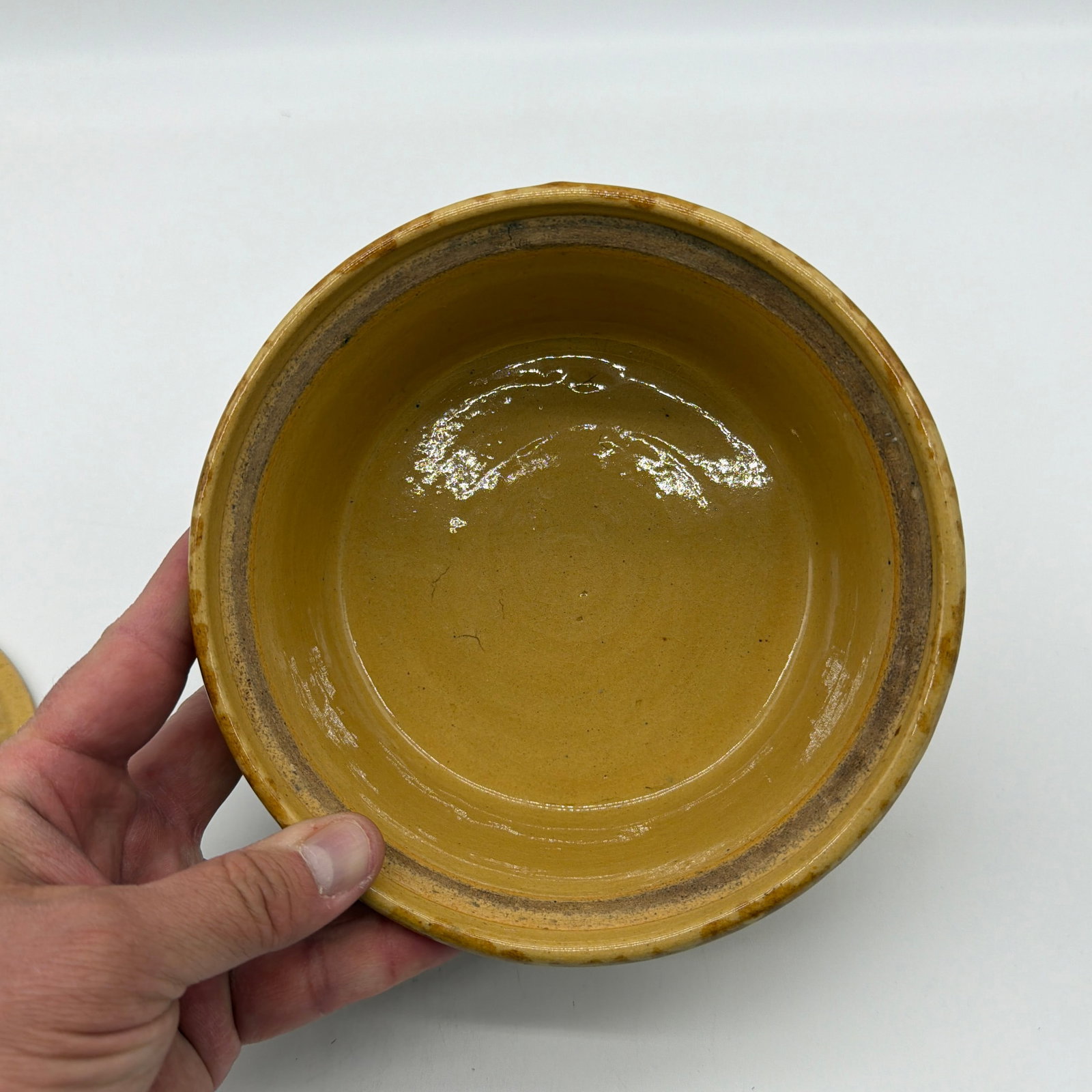 Antique Brown Sponge Decorated Yellow Ware Cake Crock With a Lid, 1880's - 8