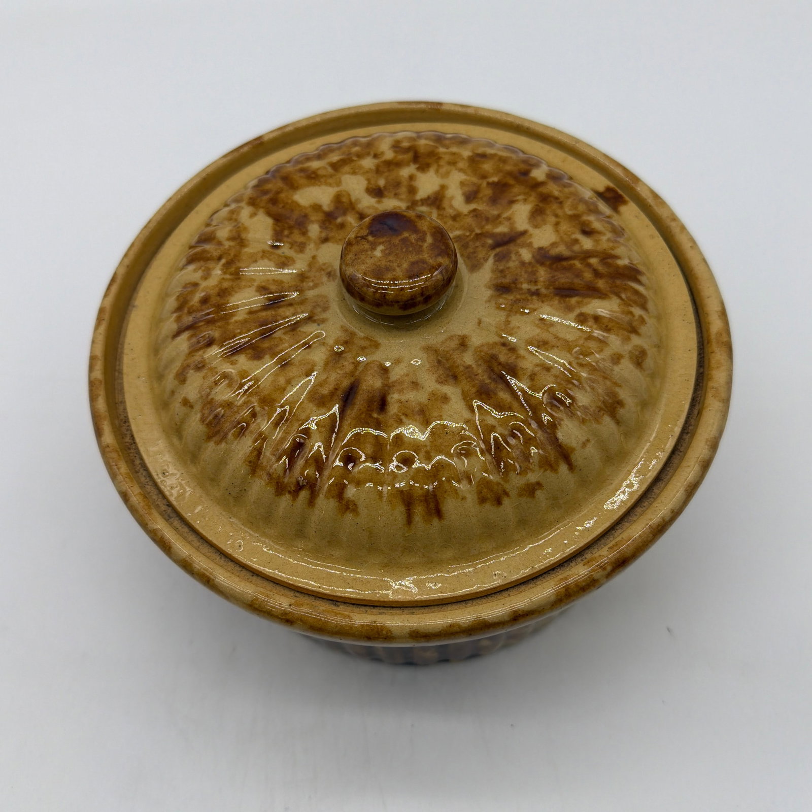 Antique Brown Sponge Decorated Yellow Ware Cake Crock With a Lid, 1880's - 9