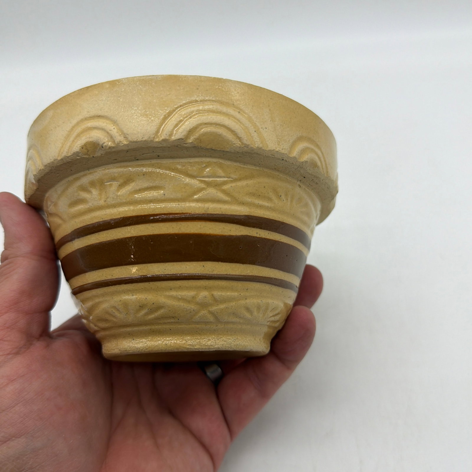A Very Nice Small Sized Yellow Ware Mixing Bowl With a Brown Band Decoration, 1890's - 10