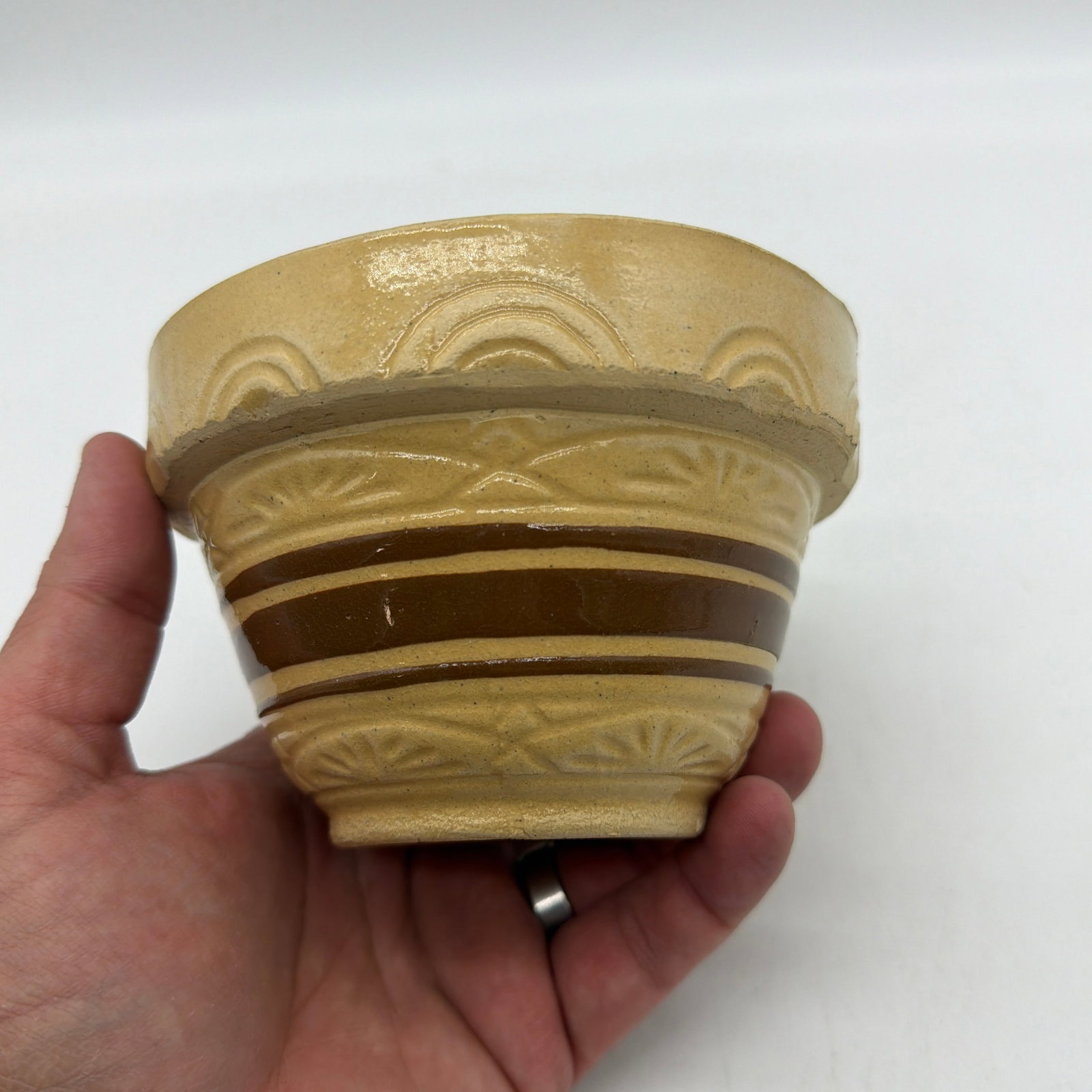 A Very Nice Small Sized Yellow Ware Mixing Bowl With a Brown Band Decoration, 1890's - 11