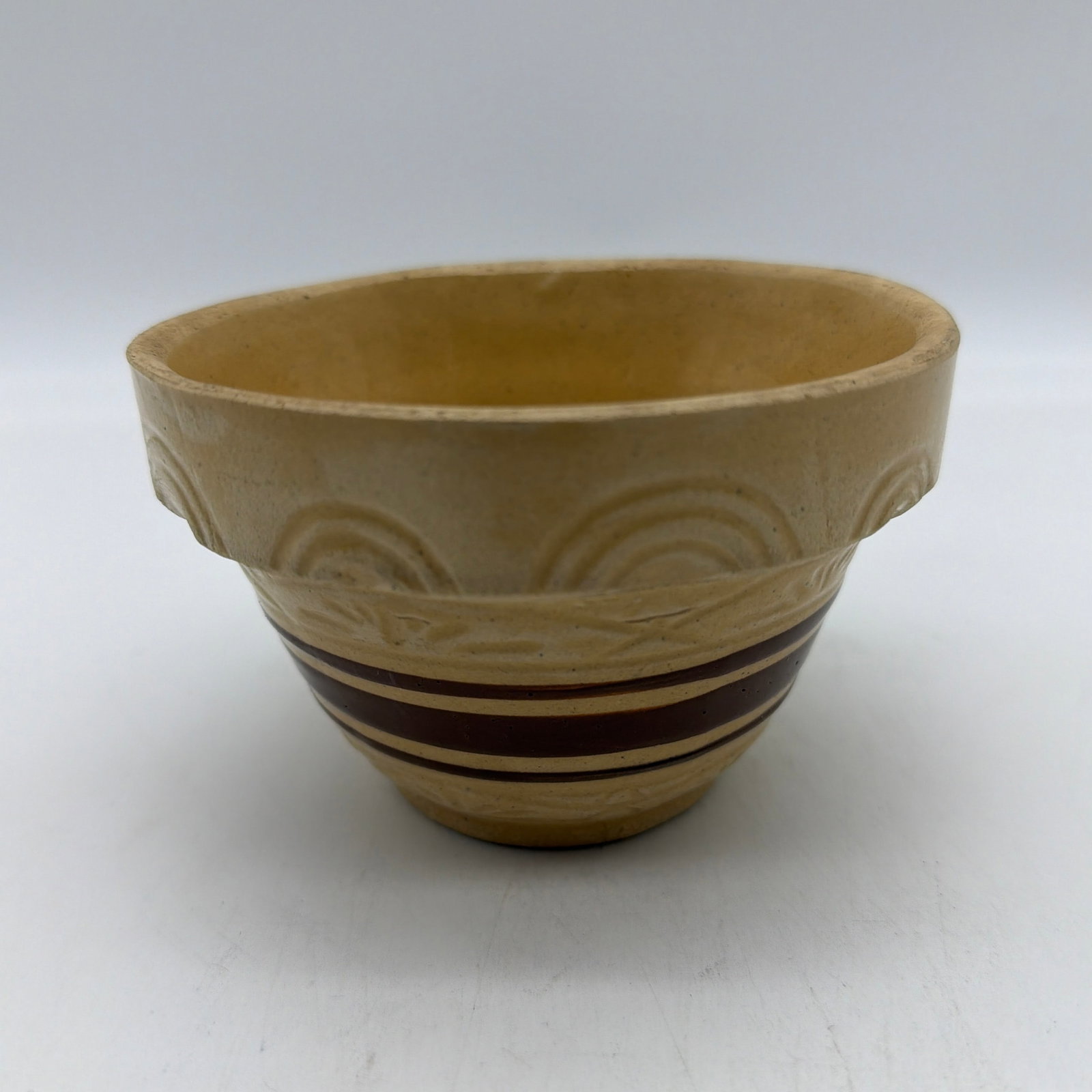 A Very Nice Small Sized Yellow Ware Mixing Bowl With a Brown Band Decoration, 1890's - 12