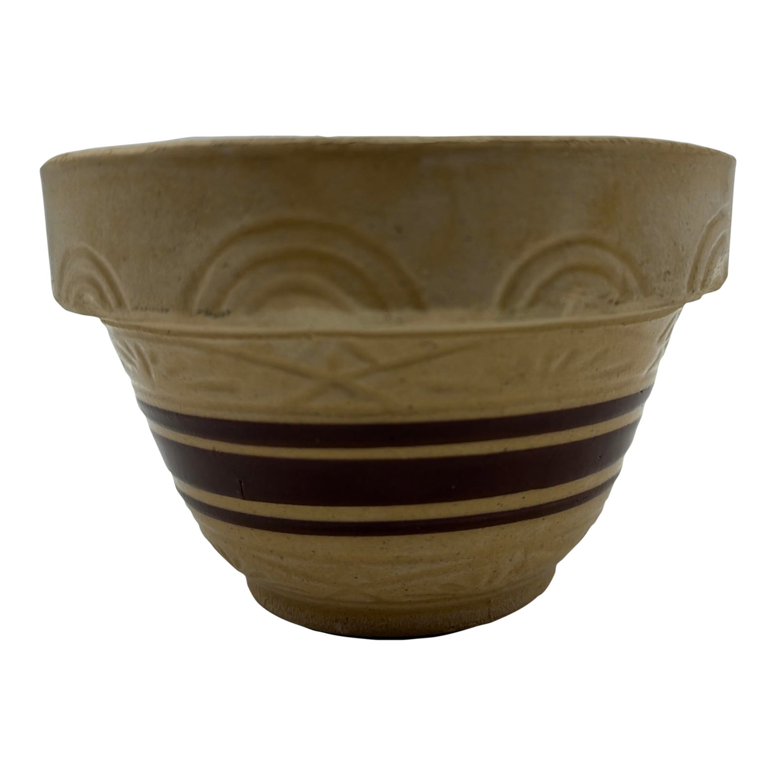 A Very Nice Small Sized Yellow Ware Mixing Bowl With a Brown Band Decoration, 1890's: A Very Nice Small Sized Yellow Ware Mixing Bowl With a Brown Band Decoration, 1890's Made in USA, possibly made by the pottery factories around Zanesville, Ohio. Excellent, rare and unusual small