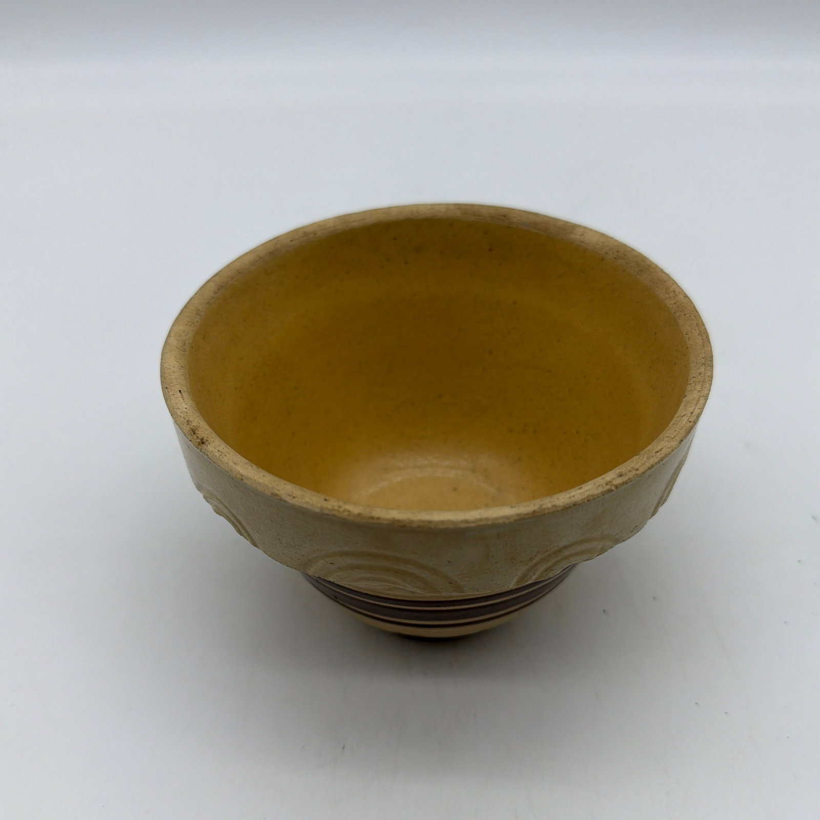 A Very Nice Small Sized Yellow Ware Mixing Bowl With a Brown Band Decoration, 1890's - 2