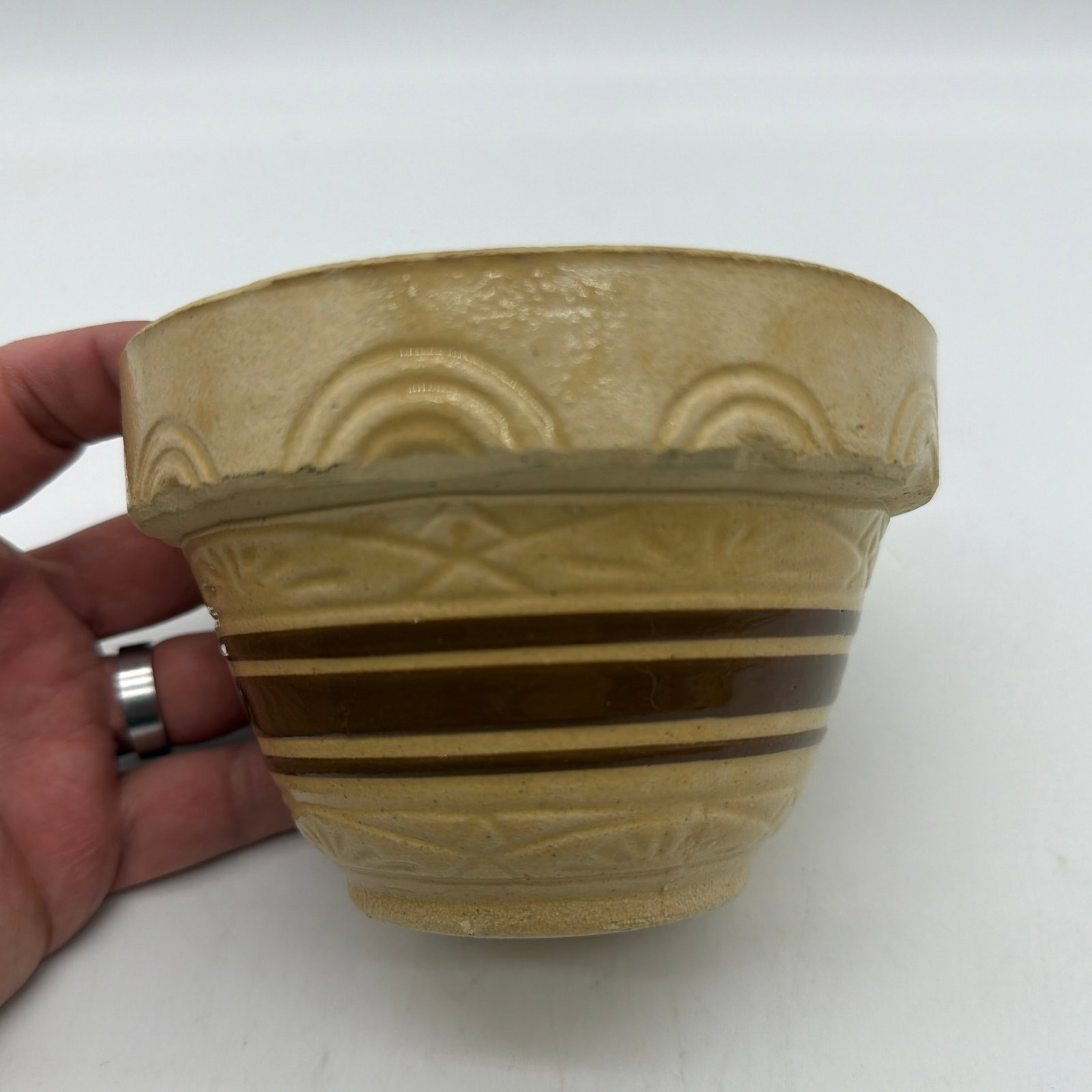 A Very Nice Small Sized Yellow Ware Mixing Bowl With a Brown Band Decoration, 1890's - 3