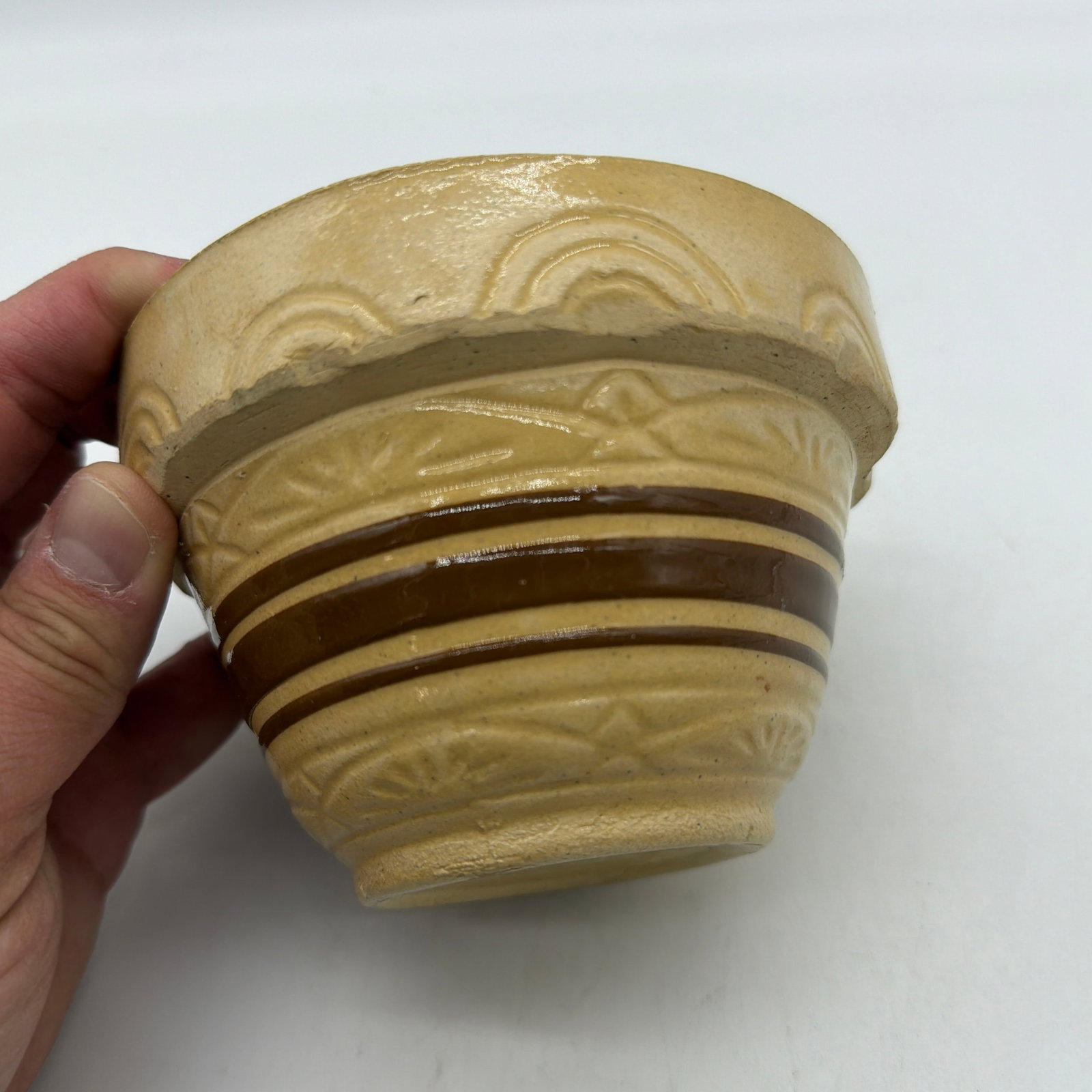 A Very Nice Small Sized Yellow Ware Mixing Bowl With a Brown Band Decoration, 1890's - 6