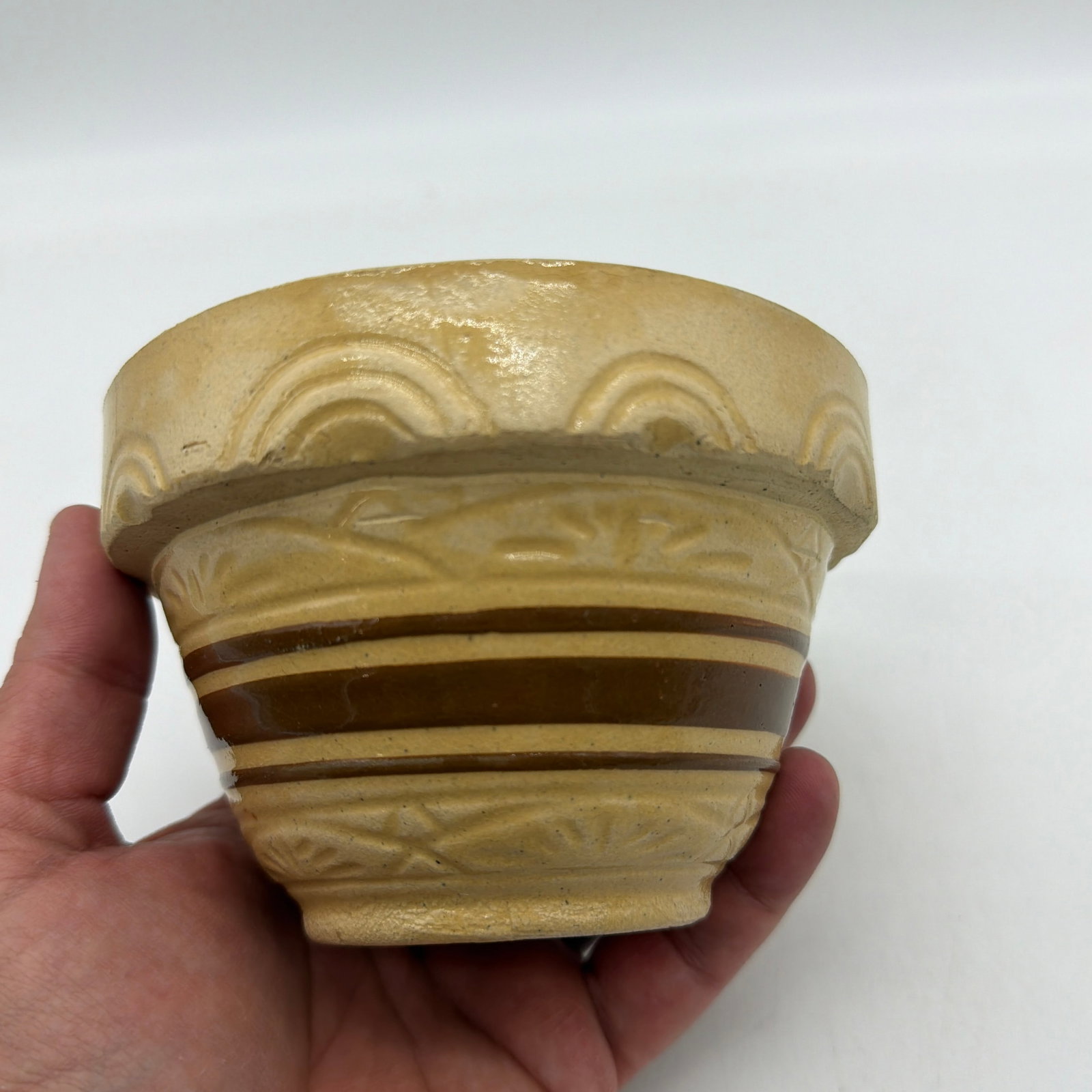 A Very Nice Small Sized Yellow Ware Mixing Bowl With a Brown Band Decoration, 1890's - 7