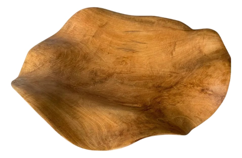 Andrianna Shamaris Impressive Sculptural Teak Wood Bowl Or Platter: Large amorphous bowl or platter hand made from an impressive century old single piece of teak wood. Both usable and sculptural. Finished with a natural oil revealing the beautiful wood grain. It's
