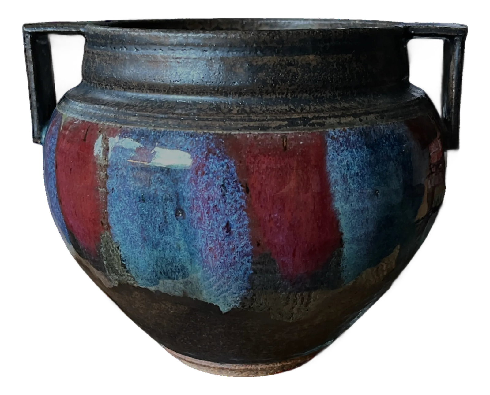 Hand-Thrown Brutalist Earthenware Vase With Dual Handles, Signed & Dated 2013: Sculptural hand-thrown earthenware vase signed and dated 2013. This vessel features bold architectural loop handles, a boldly brutalist rim, and a powerful rounded body that reads as both utilitarian