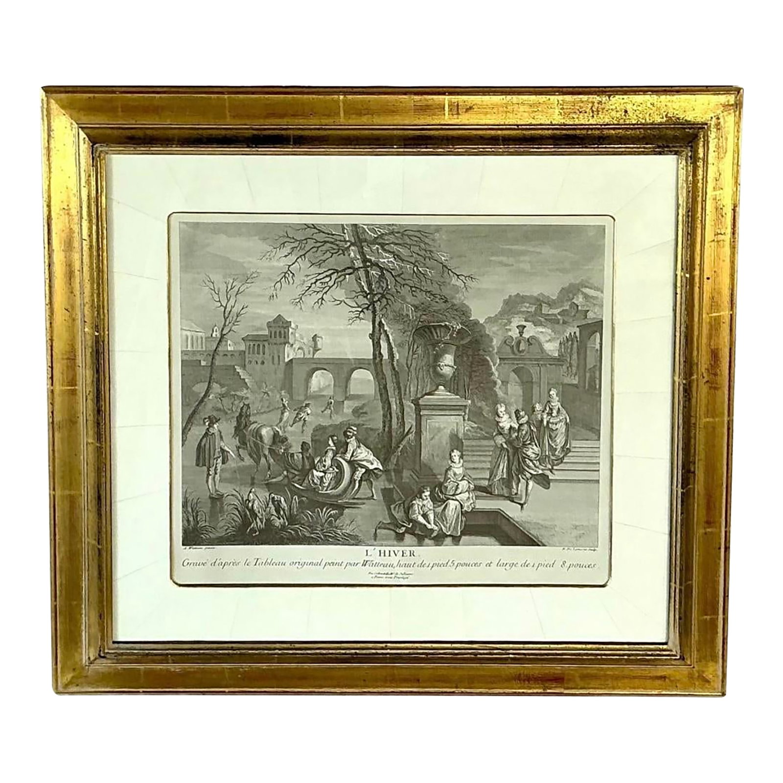 L' Hiver (Winter) Engraving Print, After Antoine Watteau: Antique Engraving entitled L'Hiver (Winter), after a celebrated composition by Antoine Watteau (French, 1684-1721), one of the most influential painters of French Rococo art. The engraving artist is