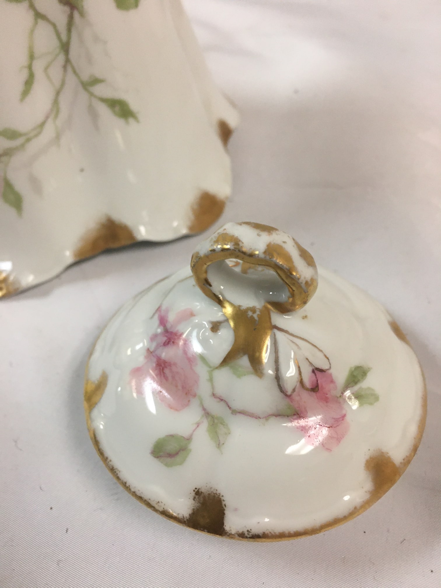 Antique Haviland Limoges French Chocolate Pot W/ Pink Rose Motif & Ribbon Handle - 10