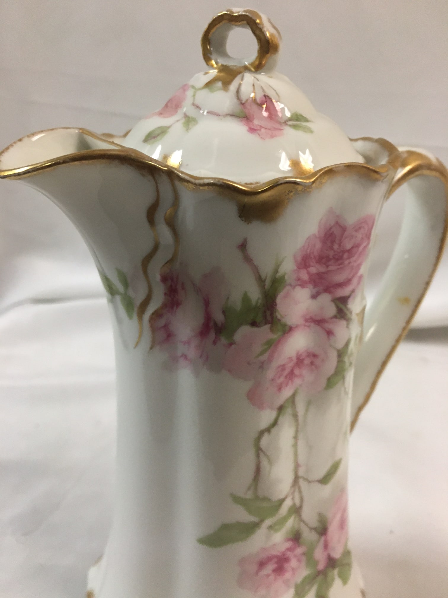 Antique Haviland Limoges French Chocolate Pot W/ Pink Rose Motif & Ribbon Handle - 11