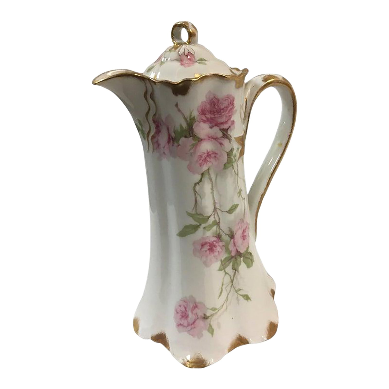 Antique Haviland Limoges French Chocolate Pot W/ Pink Rose Motif & Ribbon Handle: This lovely late 19th century large Haviland & Co Limoges porcelain chocolate pot features a tall scalloped base and upper edge, whimsical ribbon shaped handle, and hand painted sprigs of pink garden 