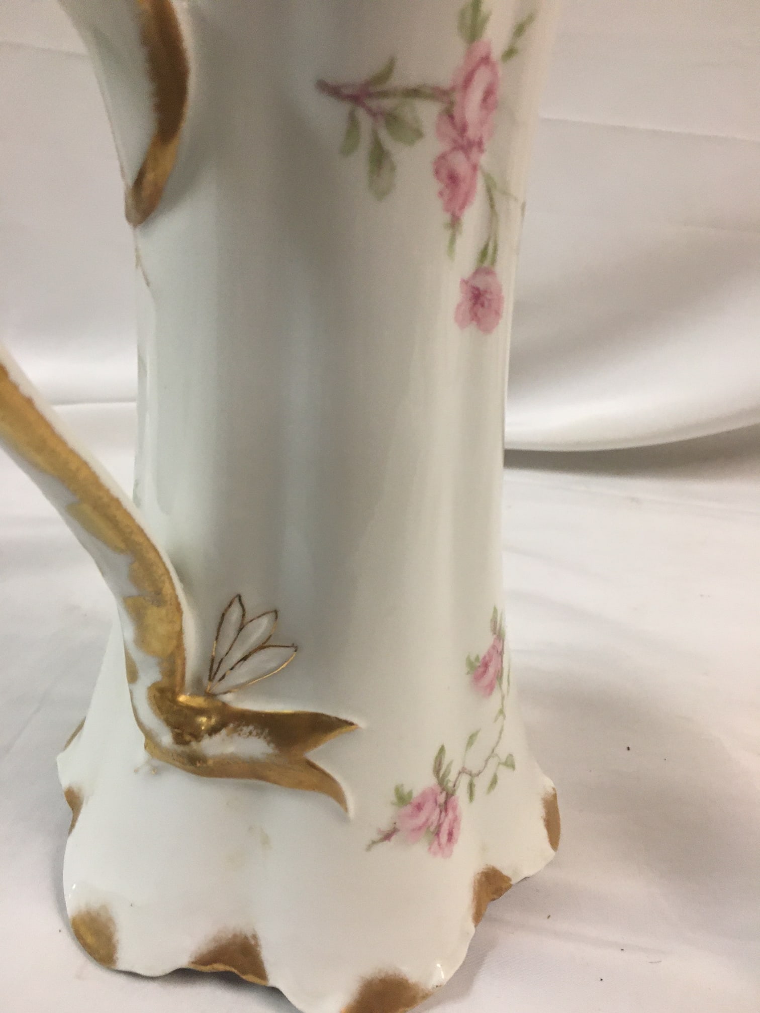 Antique Haviland Limoges French Chocolate Pot W/ Pink Rose Motif & Ribbon Handle - 2