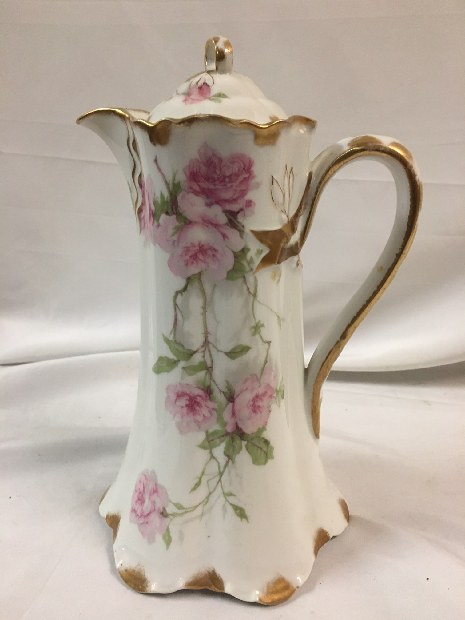 Antique Haviland Limoges French Chocolate Pot W/ Pink Rose Motif & Ribbon Handle - 3