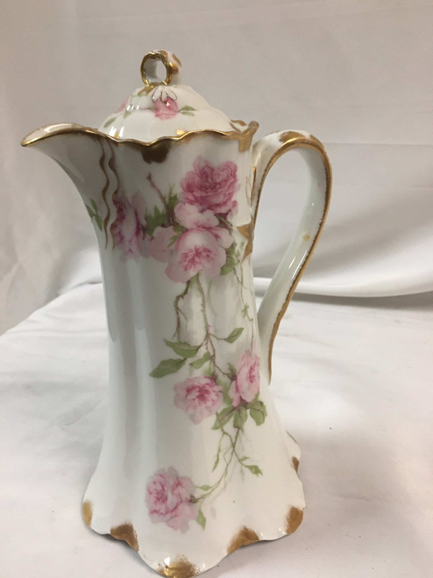 Antique Haviland Limoges French Chocolate Pot W/ Pink Rose Motif & Ribbon Handle - 4