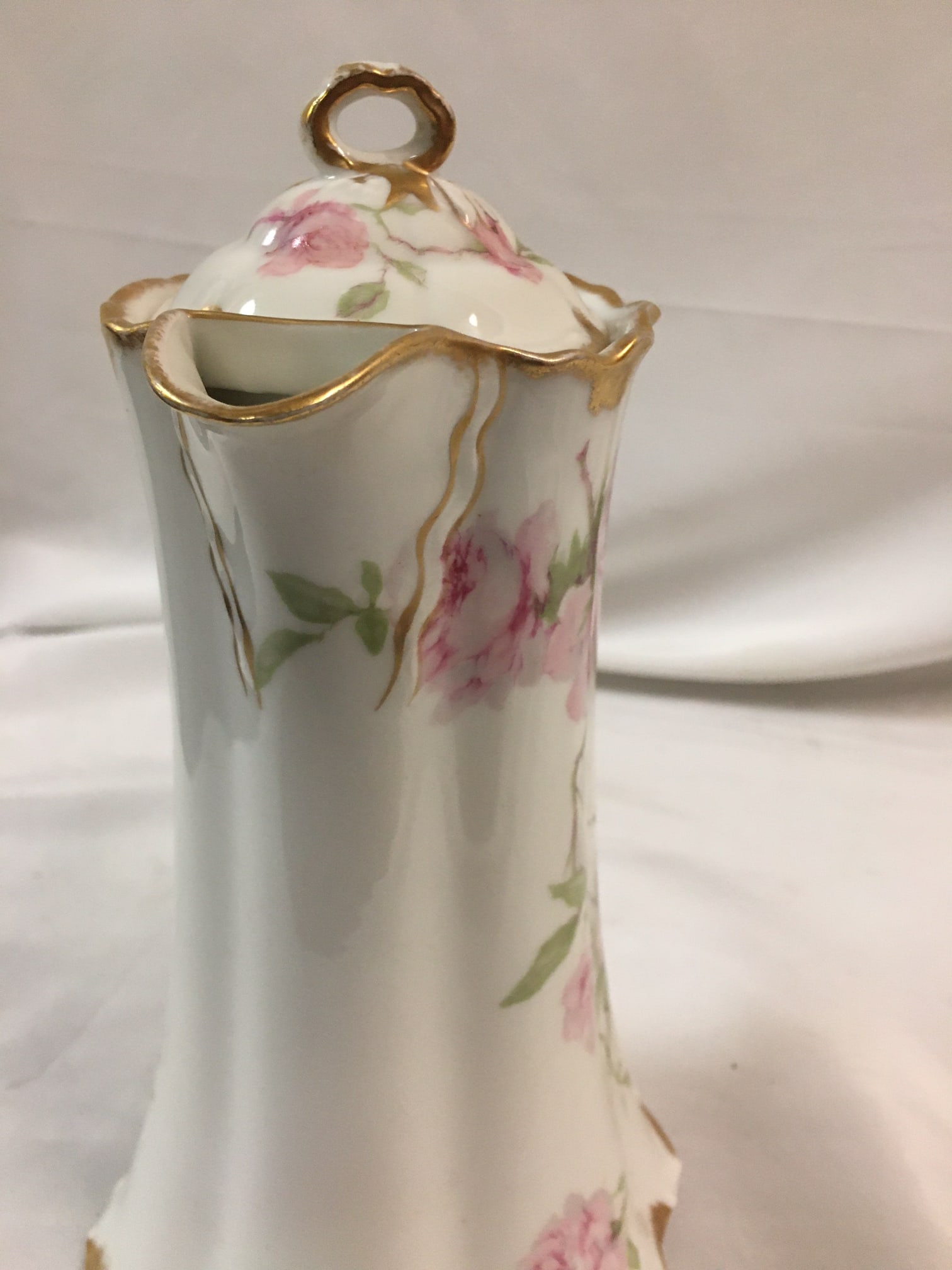 Antique Haviland Limoges French Chocolate Pot W/ Pink Rose Motif & Ribbon Handle - 5