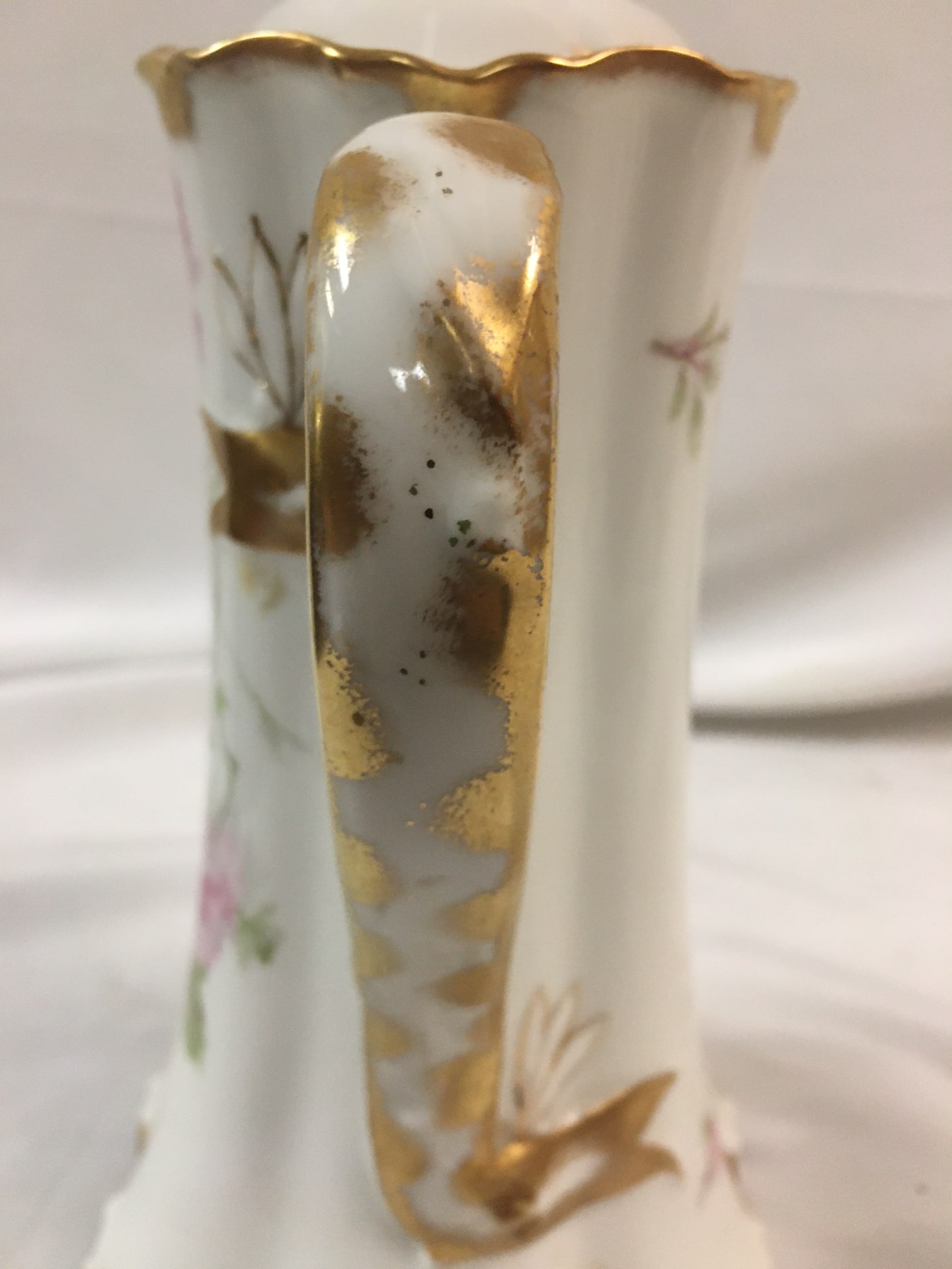 Antique Haviland Limoges French Chocolate Pot W/ Pink Rose Motif & Ribbon Handle - 6
