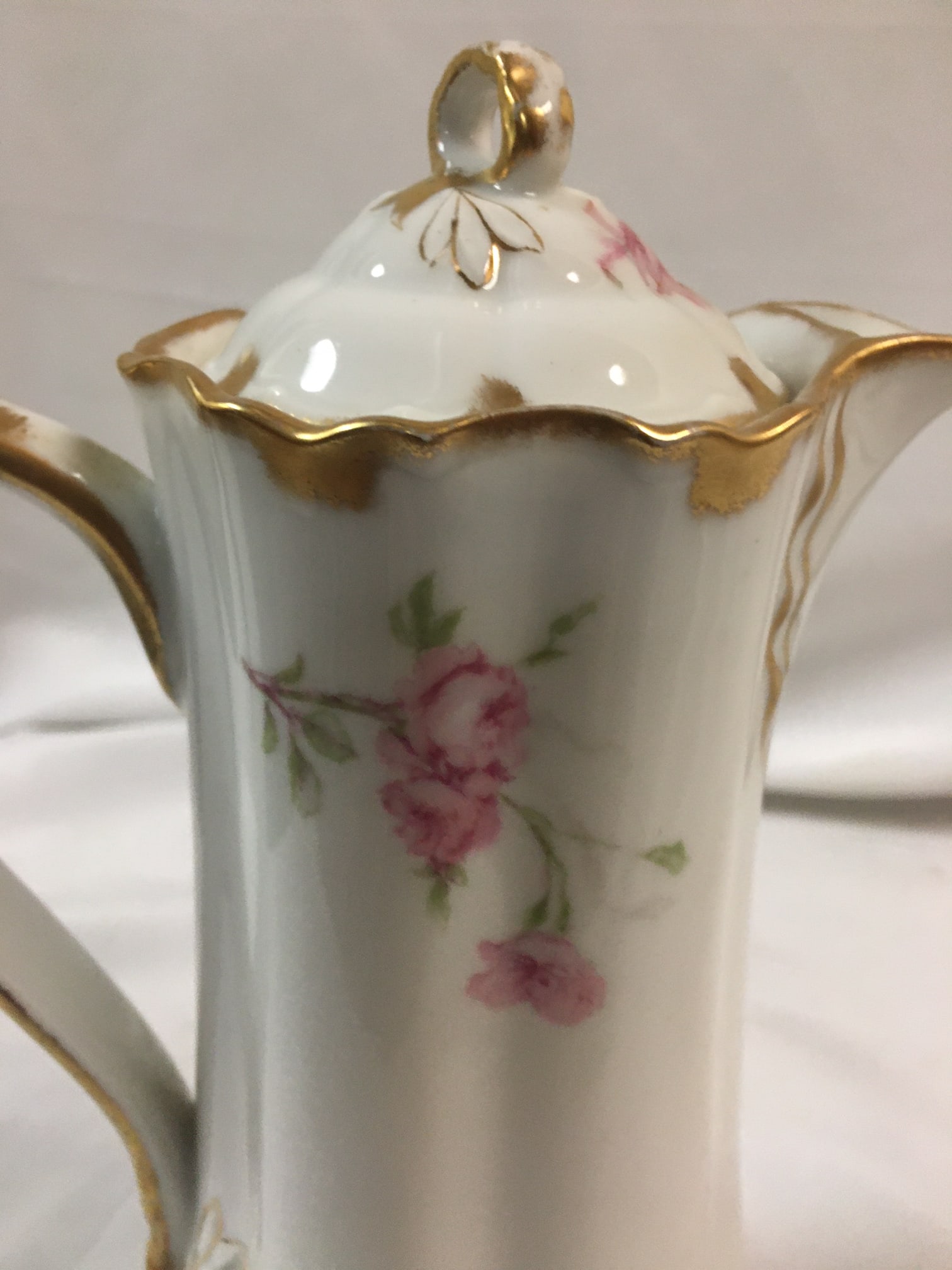Antique Haviland Limoges French Chocolate Pot W/ Pink Rose Motif & Ribbon Handle - 7