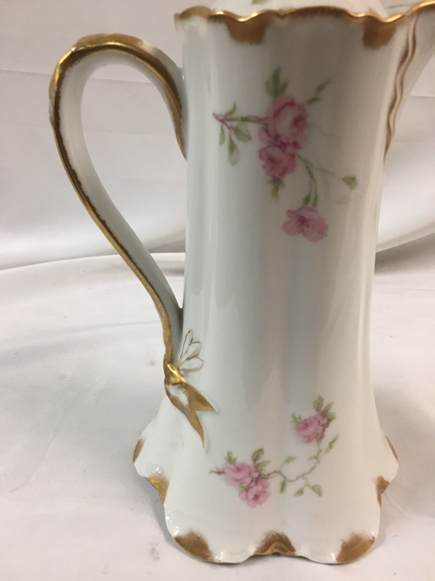 Antique Haviland Limoges French Chocolate Pot W/ Pink Rose Motif & Ribbon Handle - 9