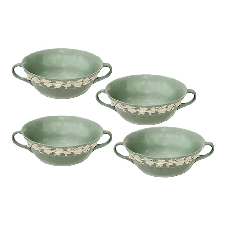 Wedgwood Queens Ware Flat Cream on Celadon Two Handle Cream Soup Bowl - Set of 4: Set of 4 Wedgwood Queensware Embossed Cream on Celadon (or Green) shell edge two-handle soup bowls (Flat Cream Soup Bowls.) Made in England It is made of porcelain or fine glazed earthenware. The