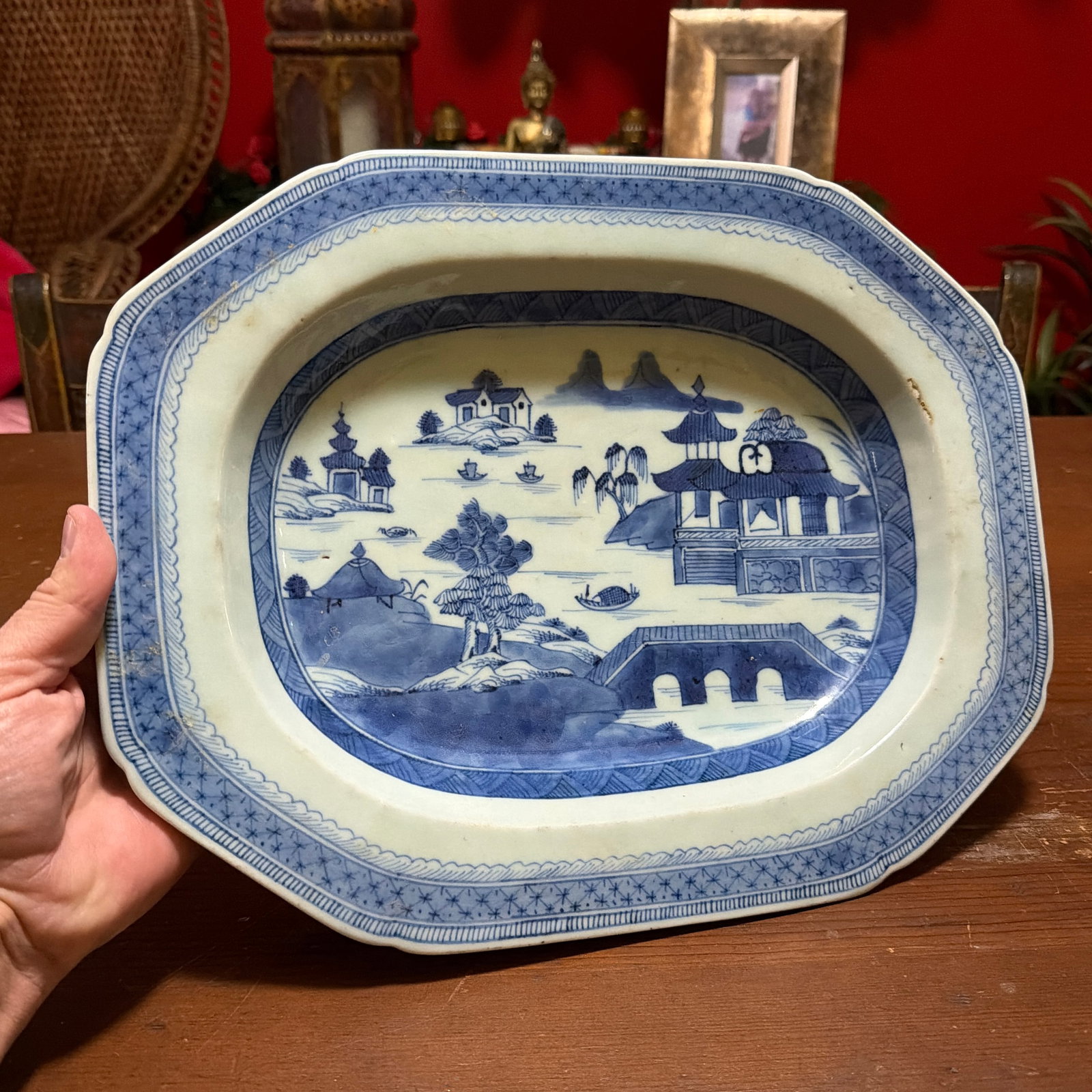 Antique Chinese Blue and White Canton Porcelain Deep Platter, Circa 1830s - 12