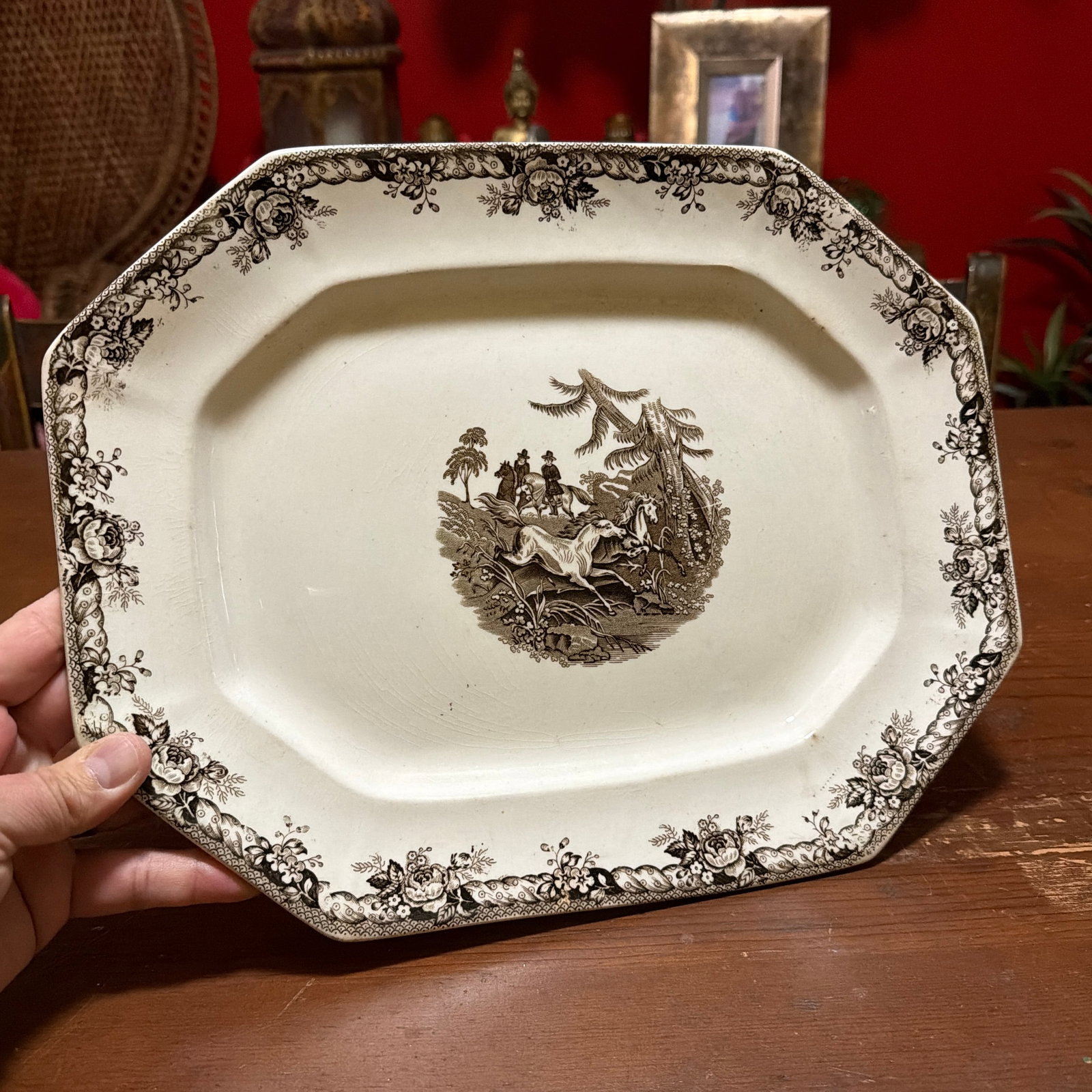 Antique Staffordshire Brown Transferware Oval Platter, Wild Horse Hunt Scene, Circa 1860s - 10