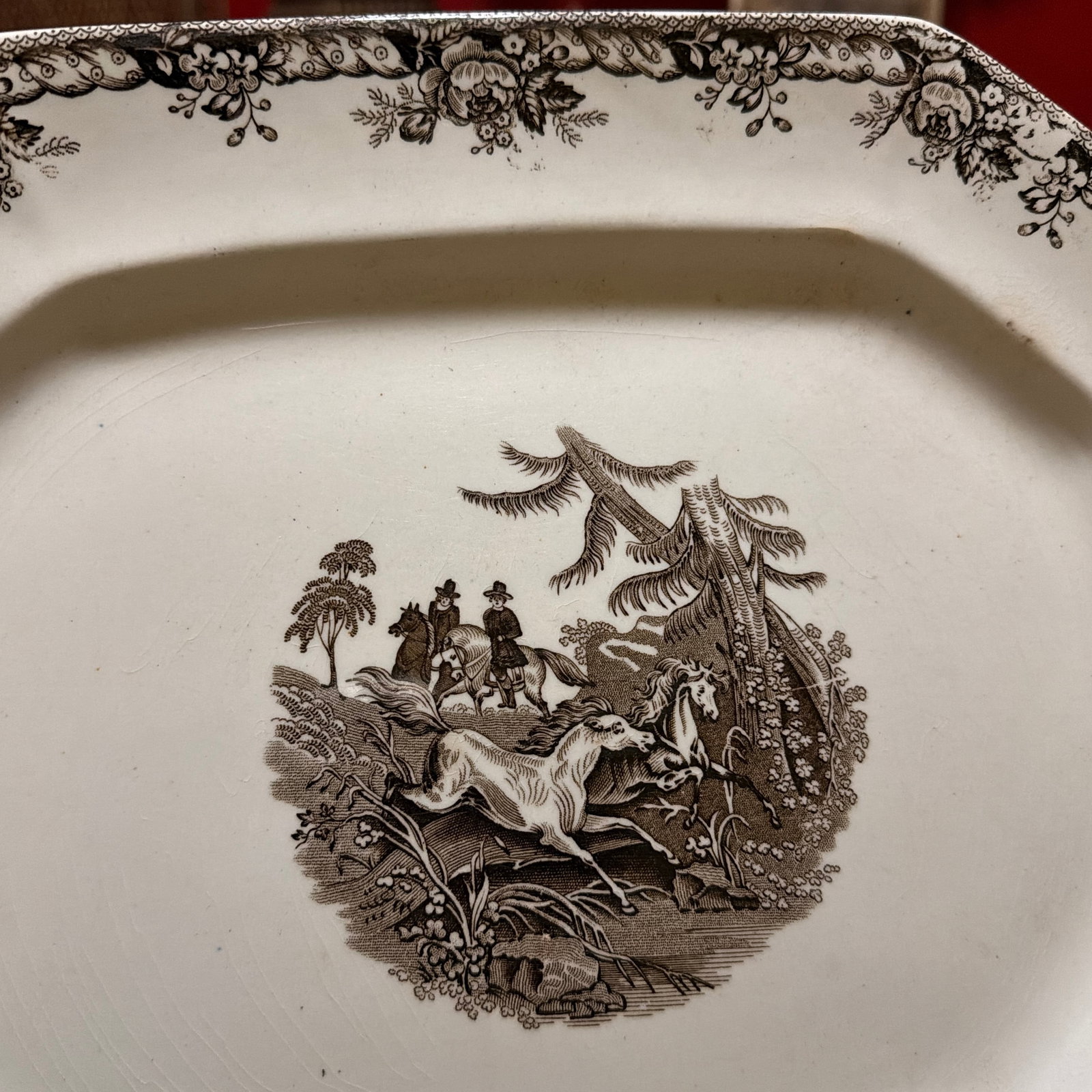 Antique Staffordshire Brown Transferware Oval Platter, Wild Horse Hunt Scene, Circa 1860s - 11