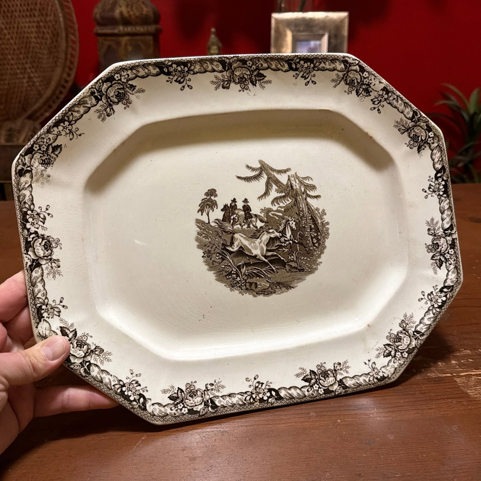 Antique Staffordshire Brown Transferware Oval Platter, Wild Horse Hunt Scene, Circa 1860s - 12