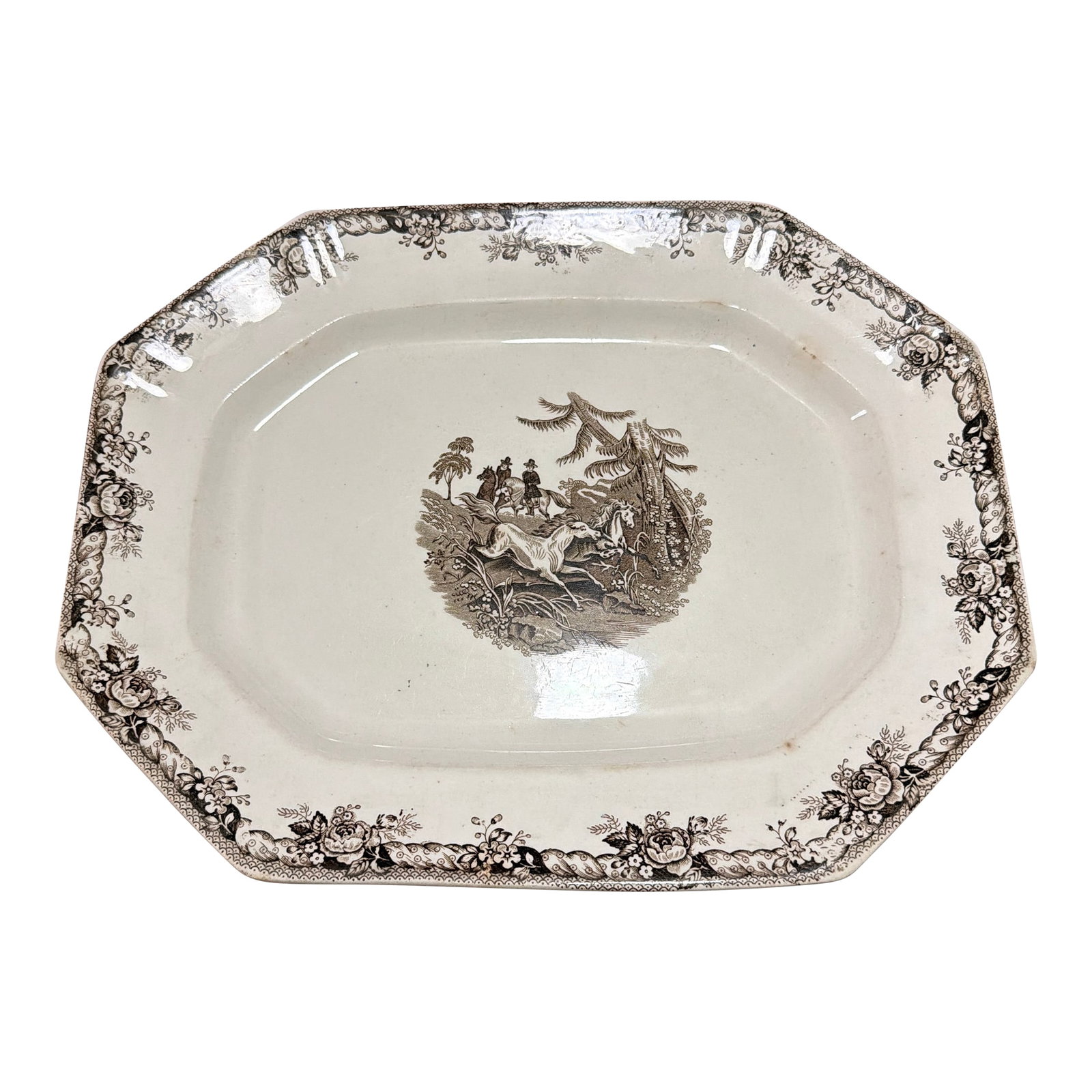 Antique Staffordshire Brown Transferware Oval Platter, Wild Horse Hunt Scene, Circa 1860s (1 of 12)