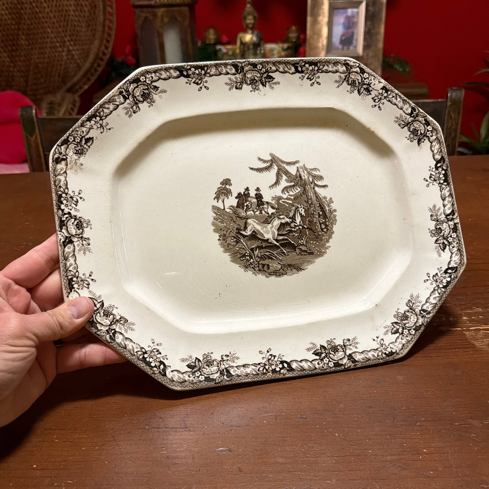 Antique Staffordshire Brown Transferware Oval Platter, Wild Horse Hunt Scene, Circa 1860s - 2