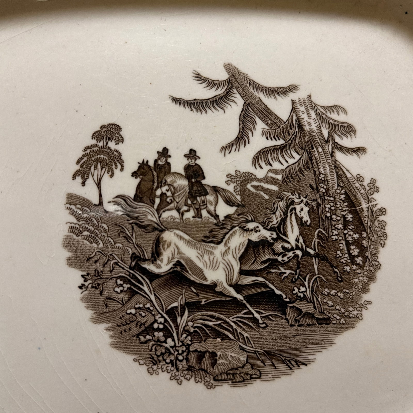 Antique Staffordshire Brown Transferware Oval Platter, Wild Horse Hunt Scene, Circa 1860s - 5