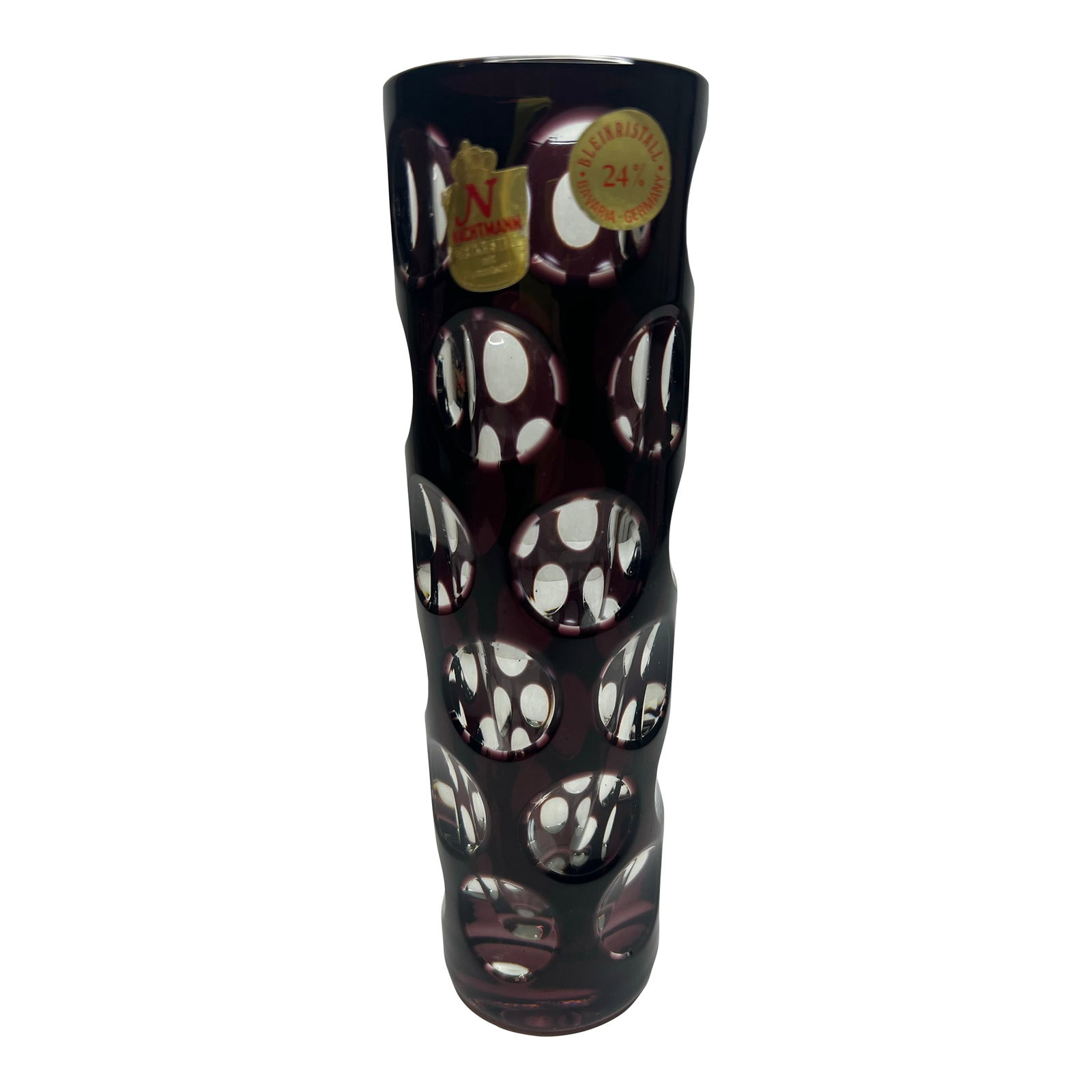 Vintage Nachtmann Bleikristall Amethyst Cut to Clear Glass Vase Bamberg West Germany: The stunning brand new old stock 7 1/2 inches tall amethyst cut to clear very heavy vase Stunning with the light reflections through the circles Original tags remain on it and it's signed on the
