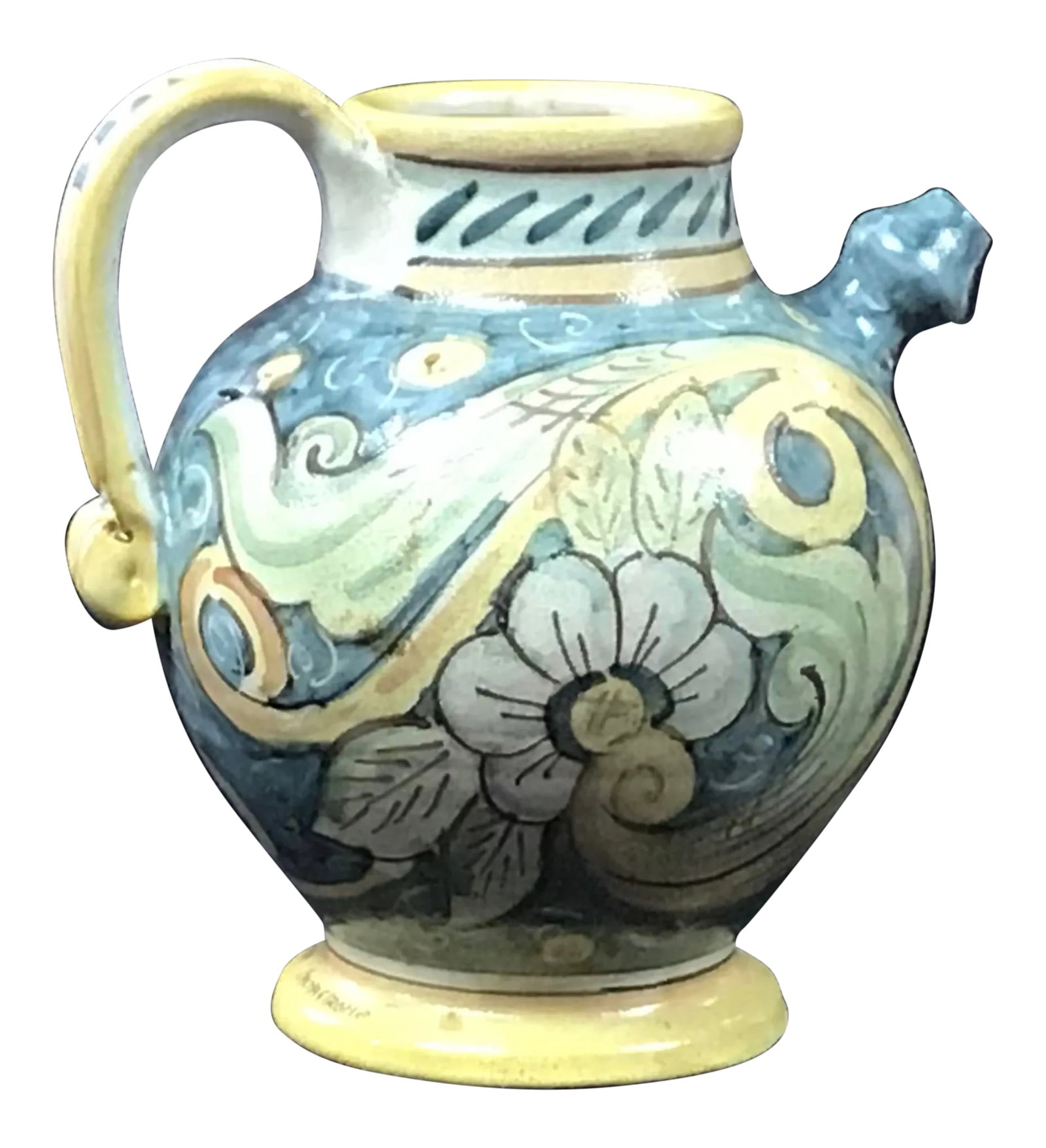 Italian Albarello Jar, Hand-Painted Italian Jug, Majolica: An impressively formed antique hand-painted Italian faneza majolica cermaic vessel. Made in the early 1900s. The jug is decorated with colorful floral and abstract design. The vessel is in excellent