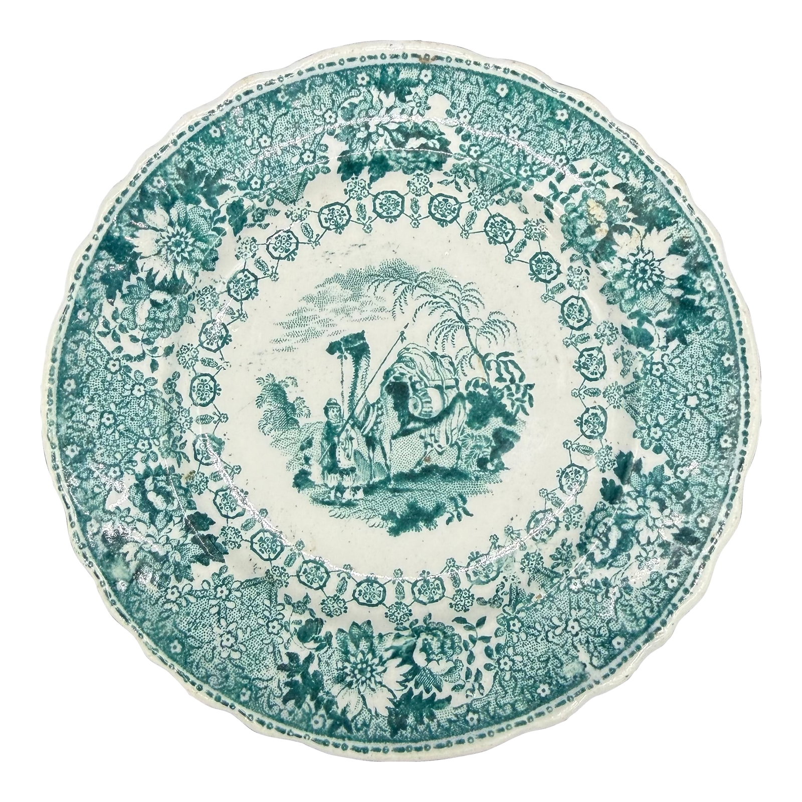 A Very Nice Rare Antique Staffordshire Teal Coloured Transferware Decorated Cup Plate, Circa 1830's: A Very Nice Rare Antique Staffordshire Teal Coloured Transferware Decorated Cup Plate, Circa 1830's Unknown pattern or maker. Made in the Staffordshire district of Stoke on Trent, circa 1830's