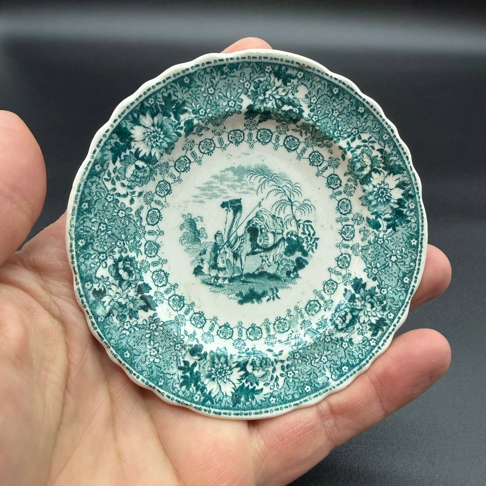 A Very Nice Rare Antique Staffordshire Teal Coloured Transferware Decorated Cup Plate, Circa 1830's - 2