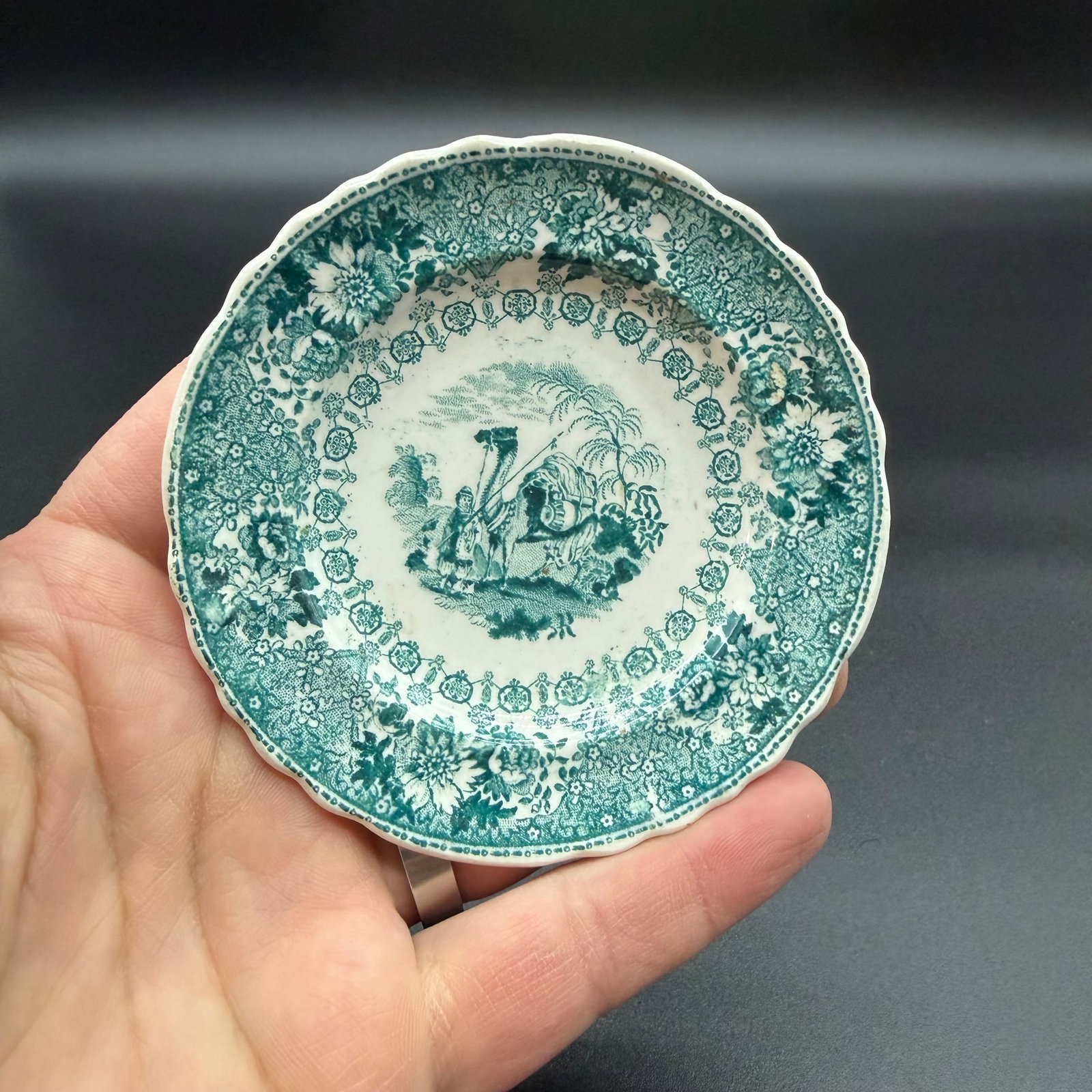 A Very Nice Rare Antique Staffordshire Teal Coloured Transferware Decorated Cup Plate, Circa 1830's - 8