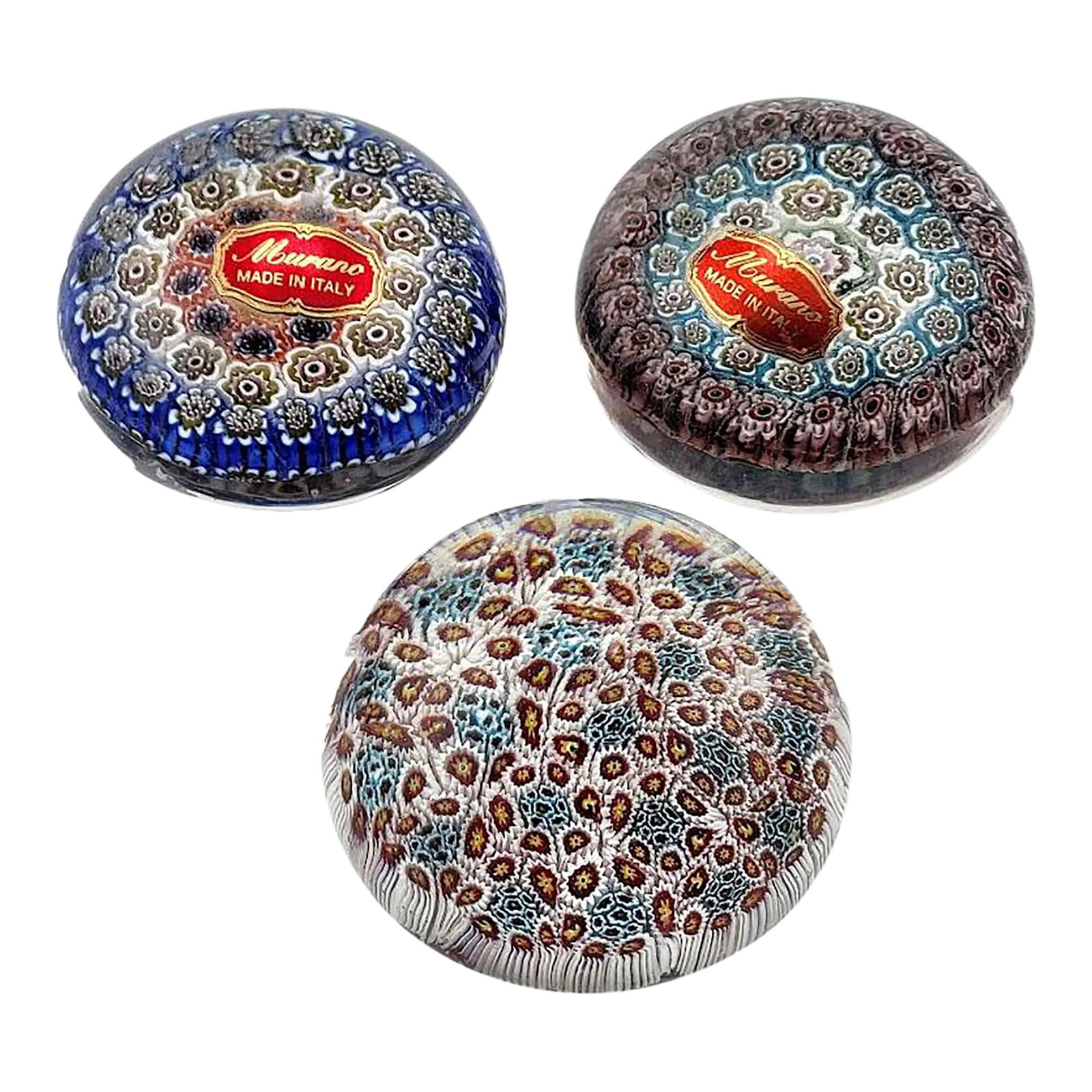 Set of 3 Murano Milifiori Paper Weights With Factory Stickers - Made in Italy: Nice Collection of 3 Murano Milifiori Paper Weights With Factory Stickers, Made in Italy Condition: Alterations: Original Design Modified Imperfections: Some Imperfections Condition Notes: Excellent N