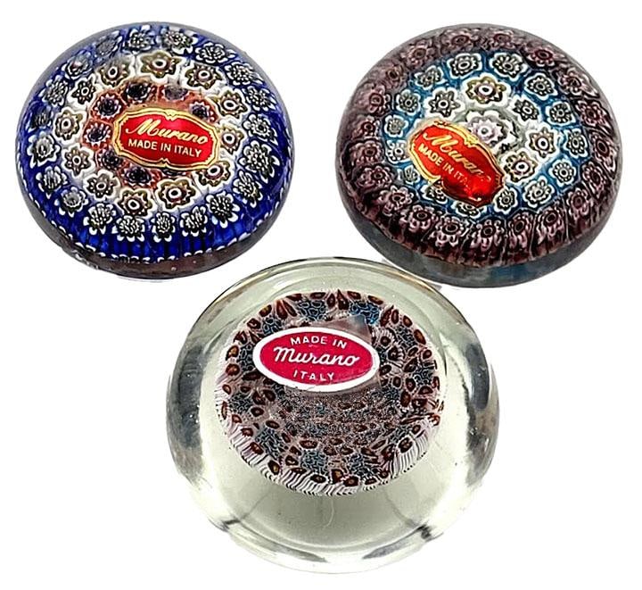 Set of 3 Murano Milifiori Paper Weights With Factory Stickers - Made in Italy - 2