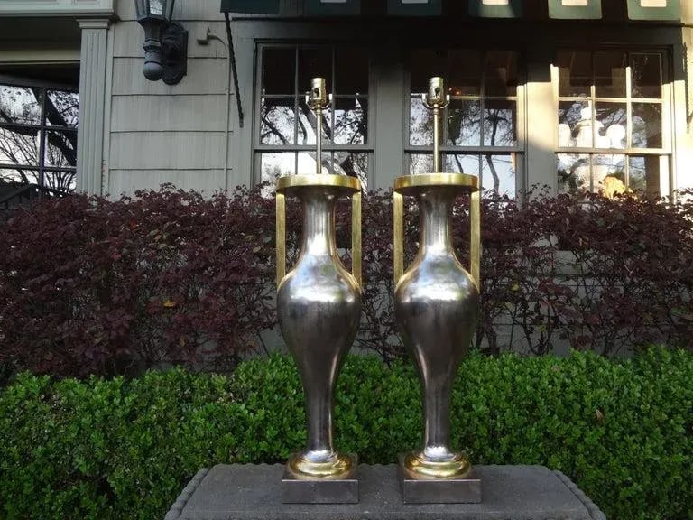 Monumental Neoclassical Style Silver and Gold Giltwood Urn Form Lamps-Pair - 2