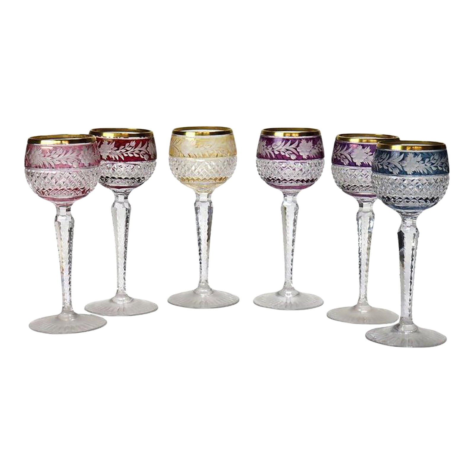 Six Bohemian Multicolored Floral Cut to Clear Crystal Stemmed Wine Golbets C1910 (1 of 4)