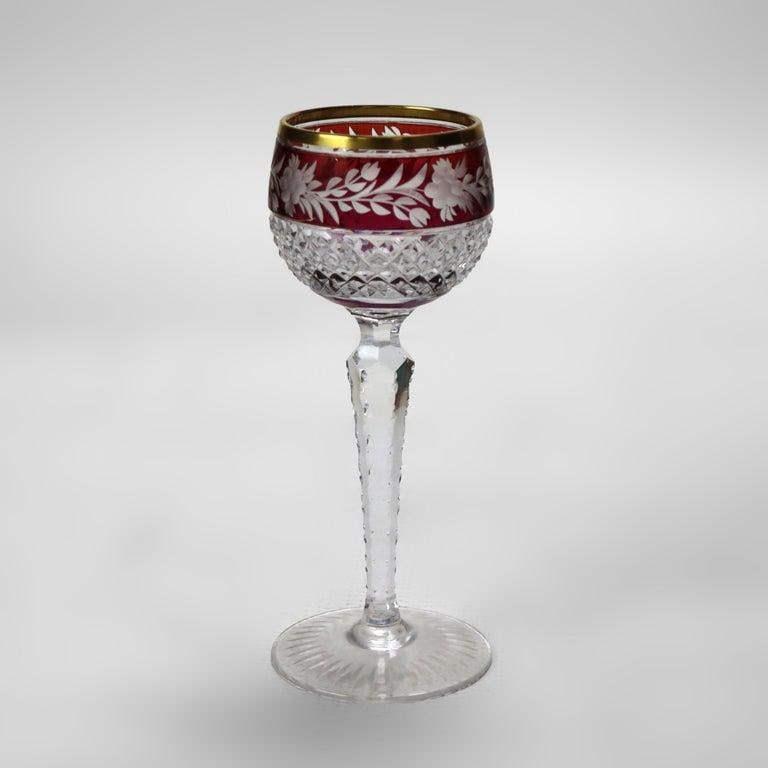 Six Bohemian Multicolored Floral Cut to Clear Crystal Stemmed Wine Golbets C1910 - 2