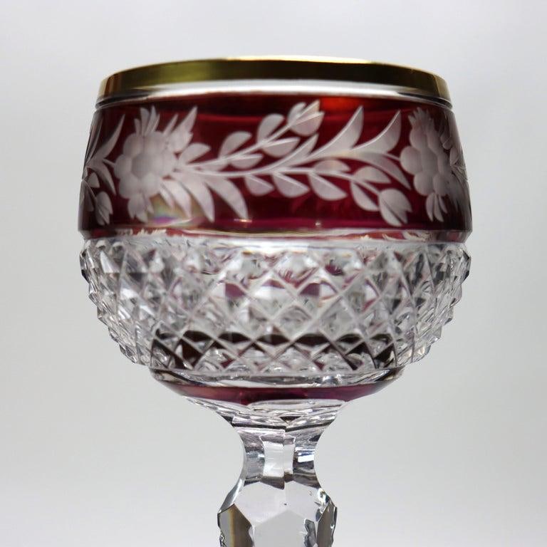 Six Bohemian Multicolored Floral Cut to Clear Crystal Stemmed Wine Golbets C1910 - 3