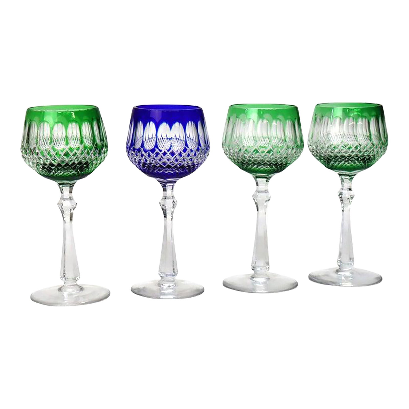 Antique Bohemian Cut to Clear Crystal Wine Stem Glasses: Emerald & Cobalt - Set of 4 (1 of 6)