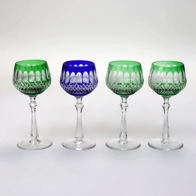 Antique Bohemian Cut to Clear Crystal Wine Stem Glasses: Emerald & Cobalt - Set of 4 - 2