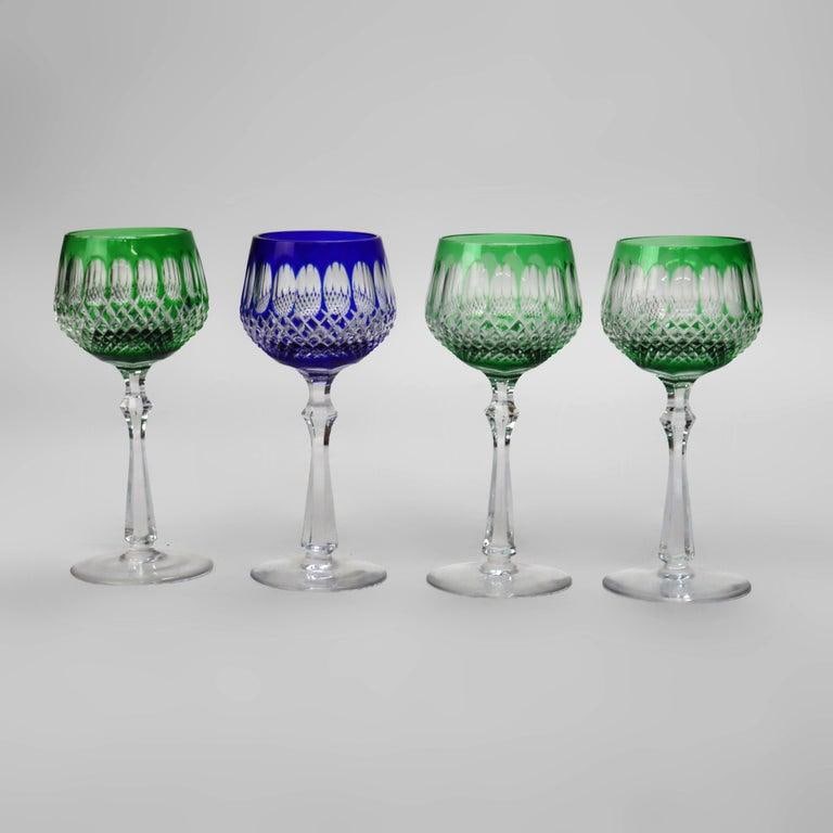 Antique Bohemian Cut to Clear Crystal Wine Stem Glasses: Emerald & Cobalt - Set of 4 - 3