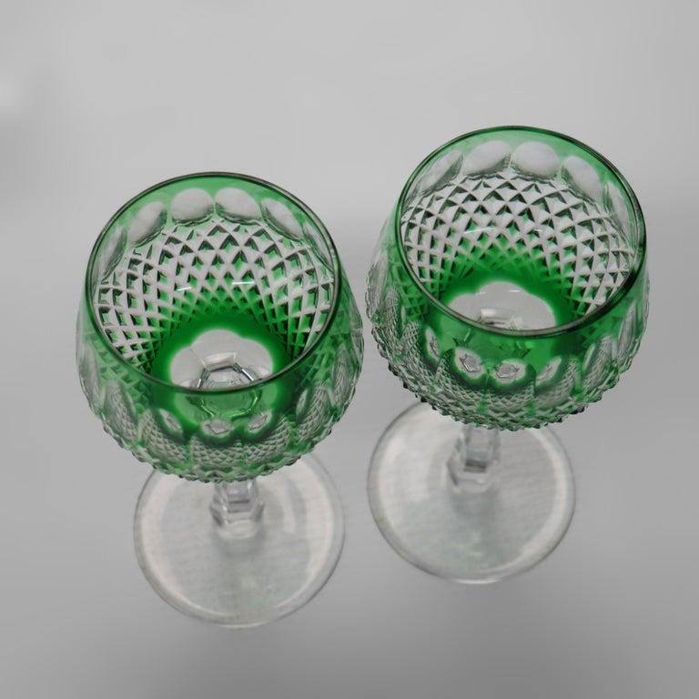 Antique Bohemian Cut to Clear Crystal Wine Stem Glasses: Emerald & Cobalt - Set of 4 - 4