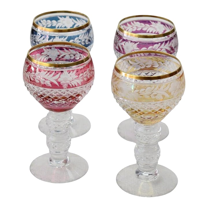 Antique Bohemian Multicolored Floral Cut to Clear Crystal Stemmed Glasses - Set of 4: Four Antique Bohemian Multicolored Floral Cut To Clear Crystal Goblets With Gold Gilt Rim C1910 Measures - 6 3/8" x 3 1/2" x 3 1/2" Bohemian cut-to-clear crystal's history began in Bohemia (Czech