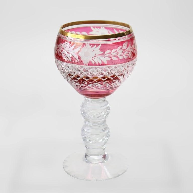 Antique Bohemian Multicolored Floral Cut to Clear Crystal Stemmed Glasses - Set of 4 - 3