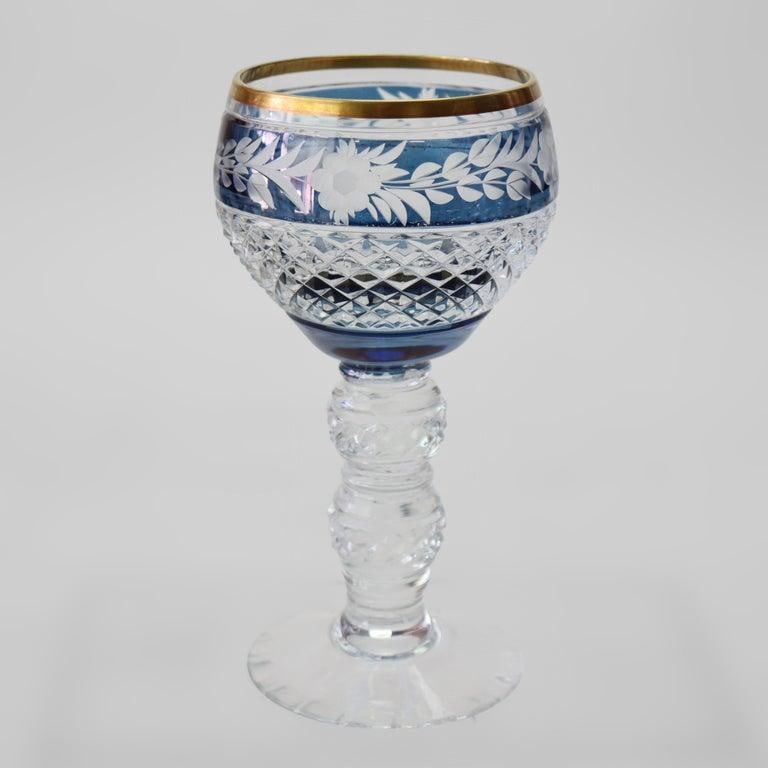 Antique Bohemian Multicolored Floral Cut to Clear Crystal Stemmed Glasses - Set of 4 - 4