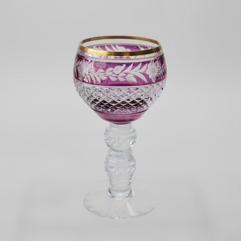 Antique Bohemian Multicolored Floral Cut to Clear Crystal Stemmed Glasses - Set of 4 - 5